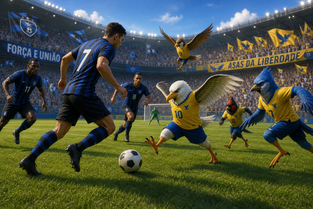 Imagem gerada pela Nalgora AI: jogadores humanos enfrentando um time de aves em um estádio